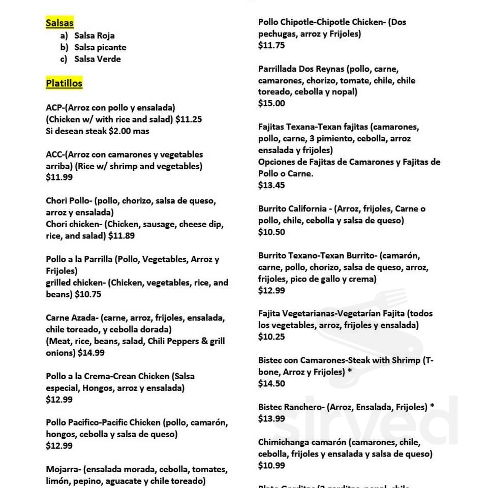 Dos Reynas menu in Warsaw, North Carolina, USA