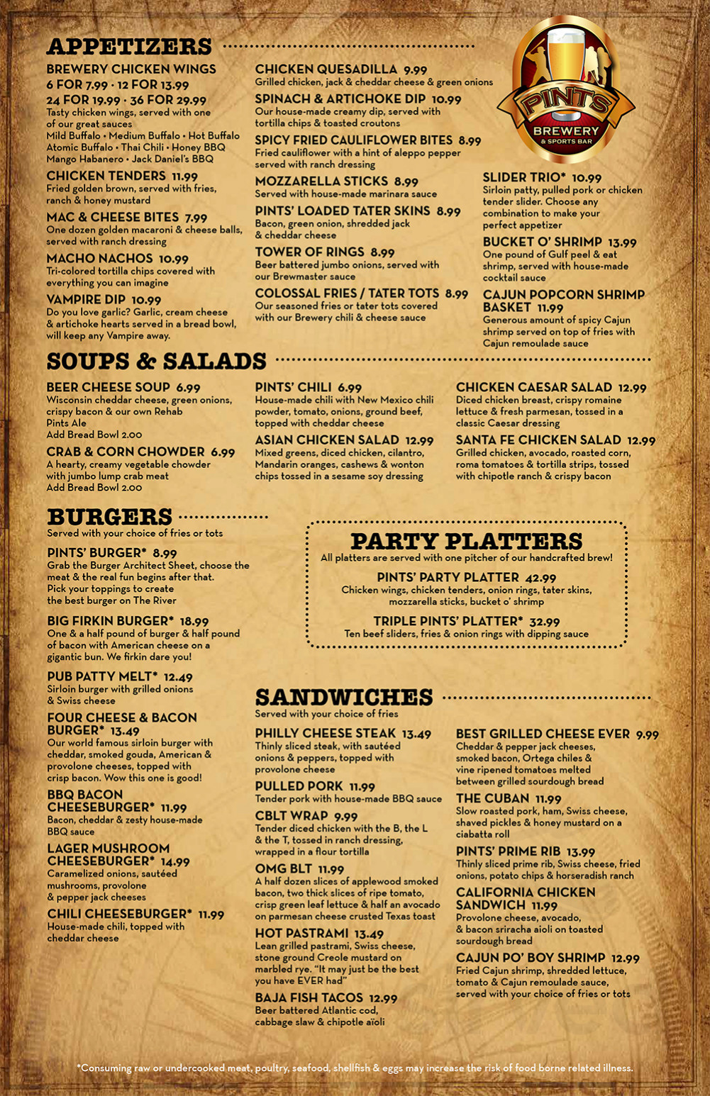 Pints Brewery menu in Laughlin, Nevada, USA
