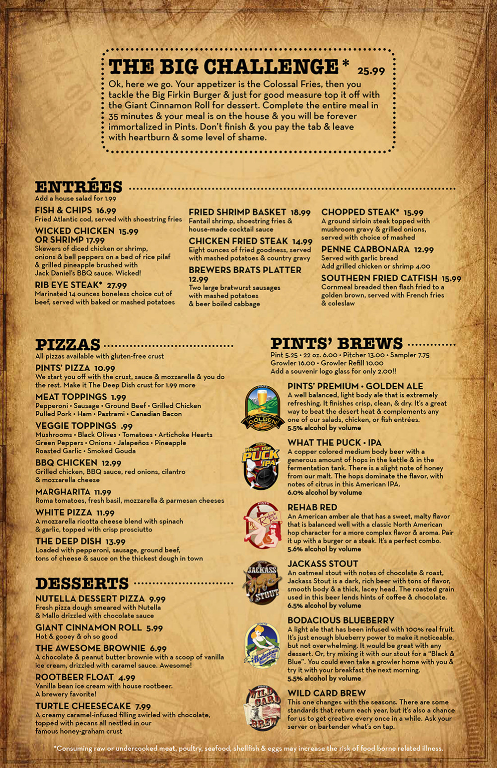 Pints Brewery menu in Laughlin, Nevada, USA