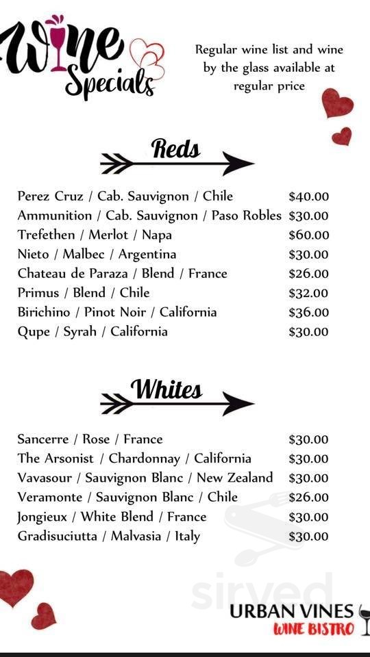 Urban Vines Wine Bistro menu in Dallas, Texas, USA