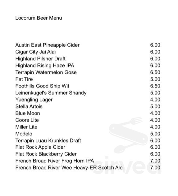Locōrum Distillery menu in Warrenton, North Carolina, USA