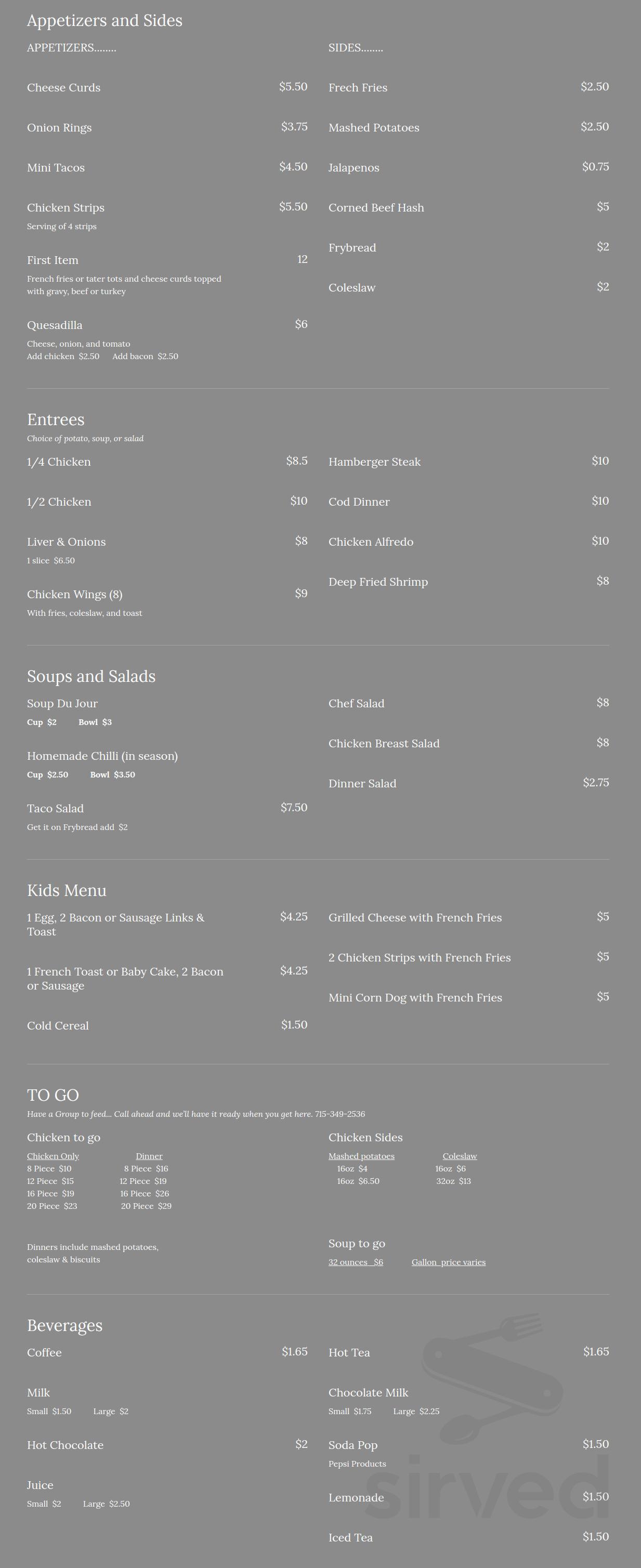 Gary's Rude Cafe menu in Siren, Wisconsin