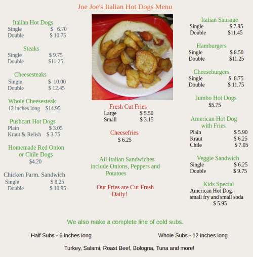 Joe Joe's Italian Hot Dogs menu in Toms River, New Jersey, USA