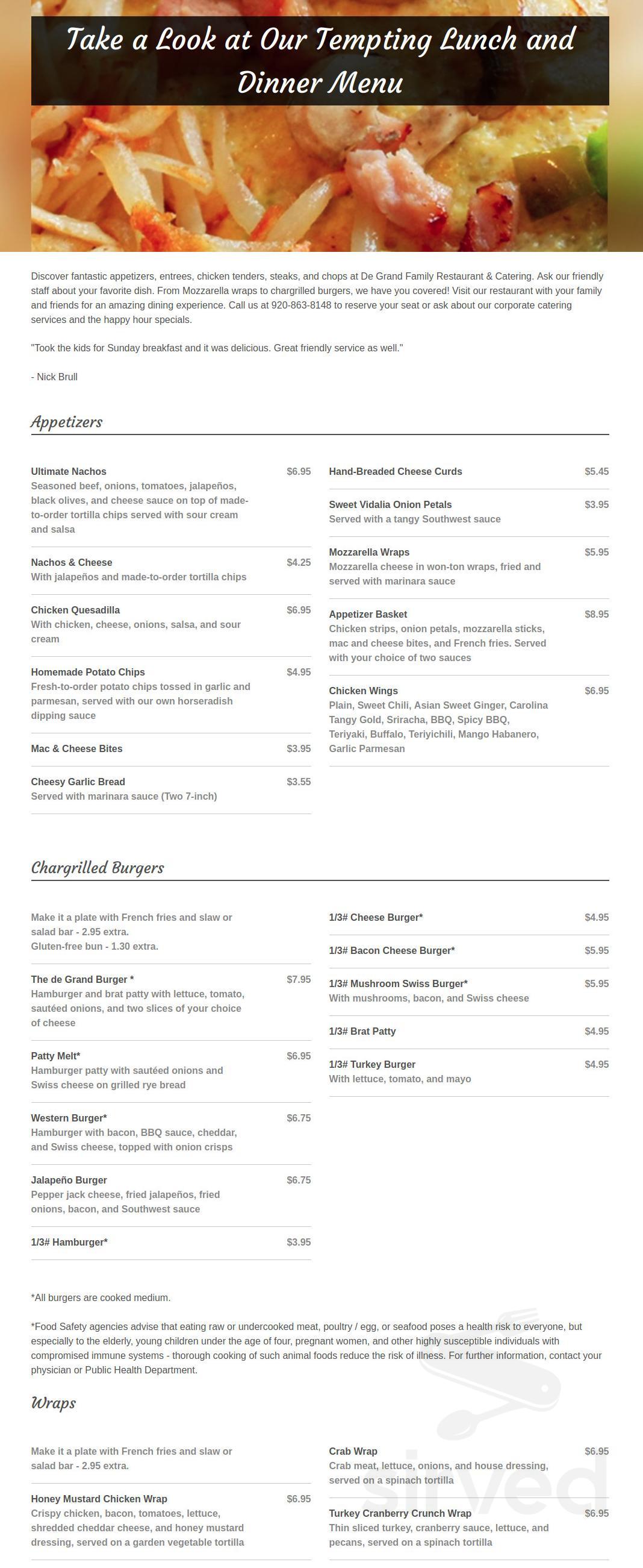 Degrand Family Restaurant And Catering Menu In Denmark Wisconsin Usa