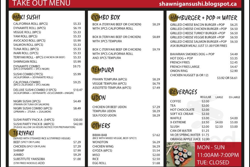 Shawnigan Jen take out menu in Shawnigan Lake, British Columbia
