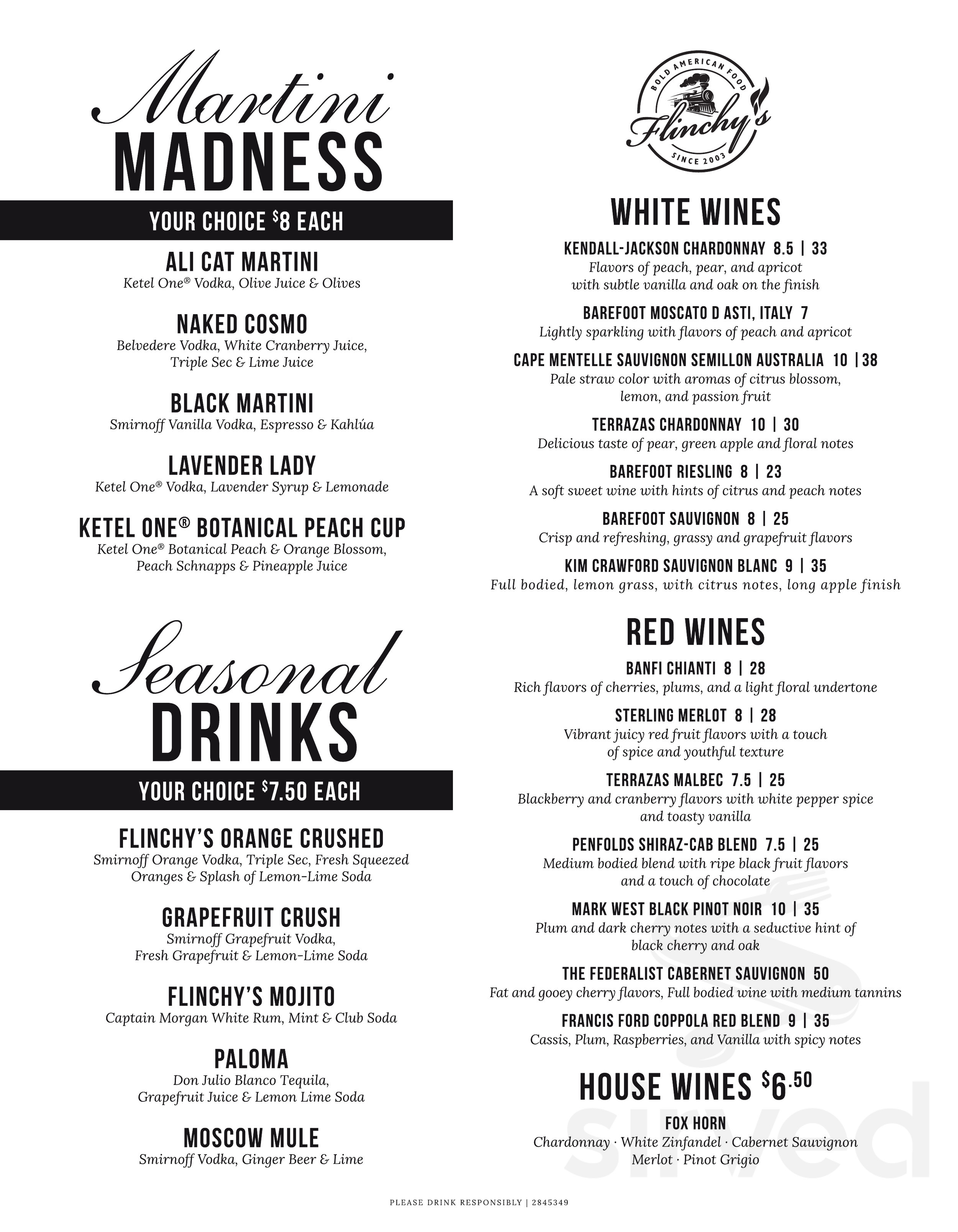 Flinchy's Restaurant, Bar and Deck drink menu in Camp Hill, Pennsylvania