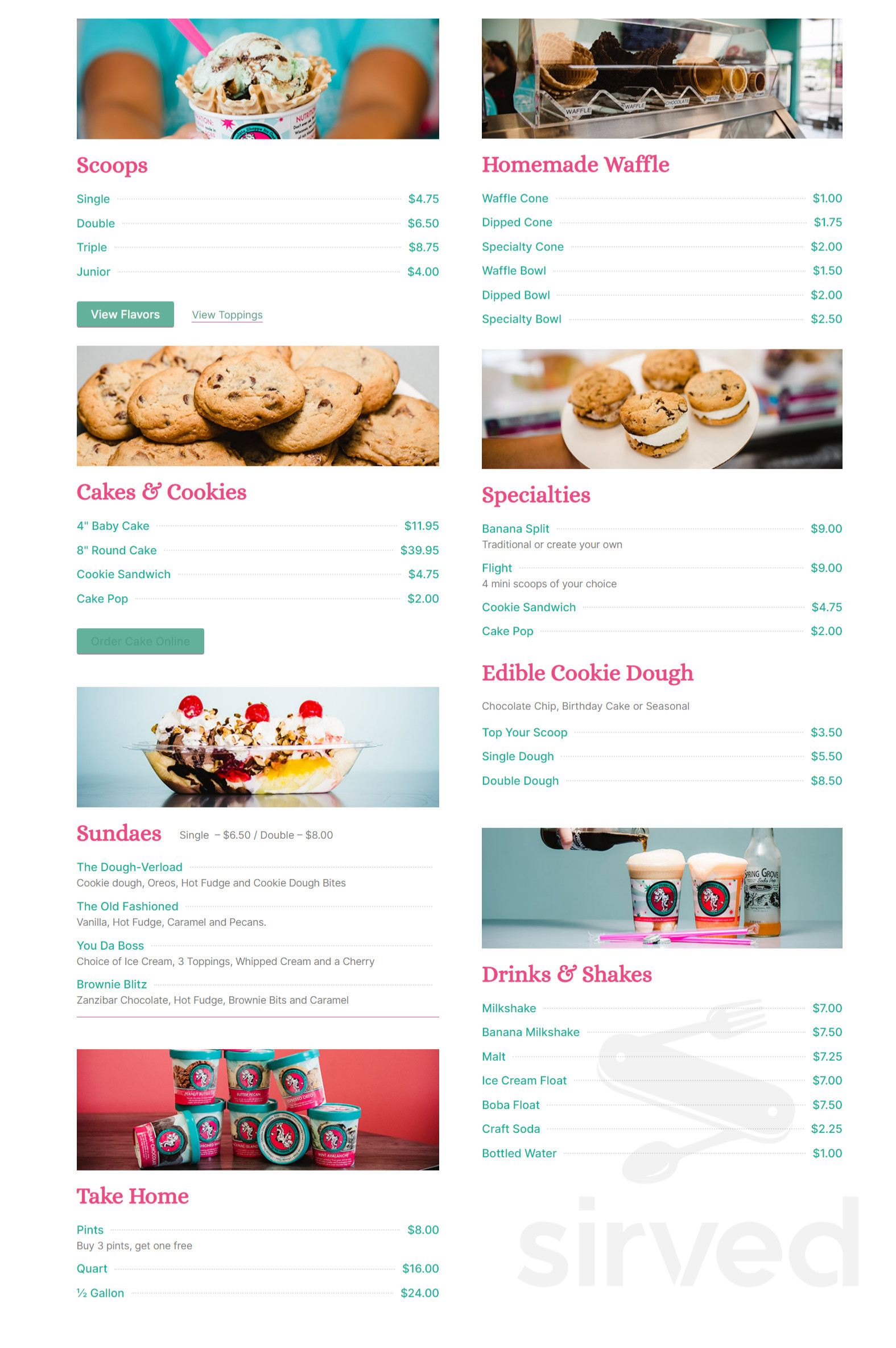 Menu Zionsville IN's Fundae’s Ice Cream & Sweets Sirved