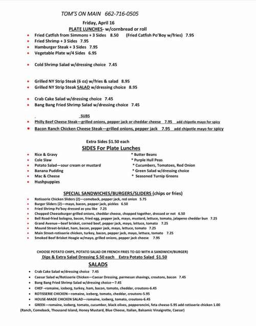 Tom's On Main menu in Yazoo City, Mississippi, USA