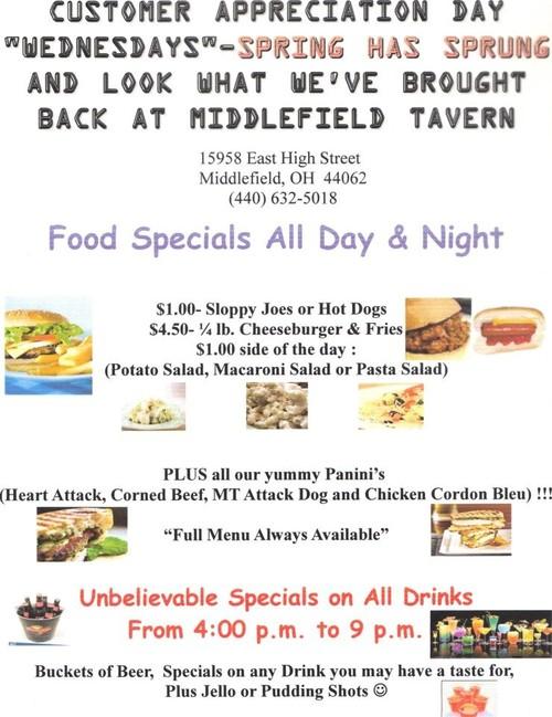 Middlefield Tavern menu in Middlefield, Ohio, USA
