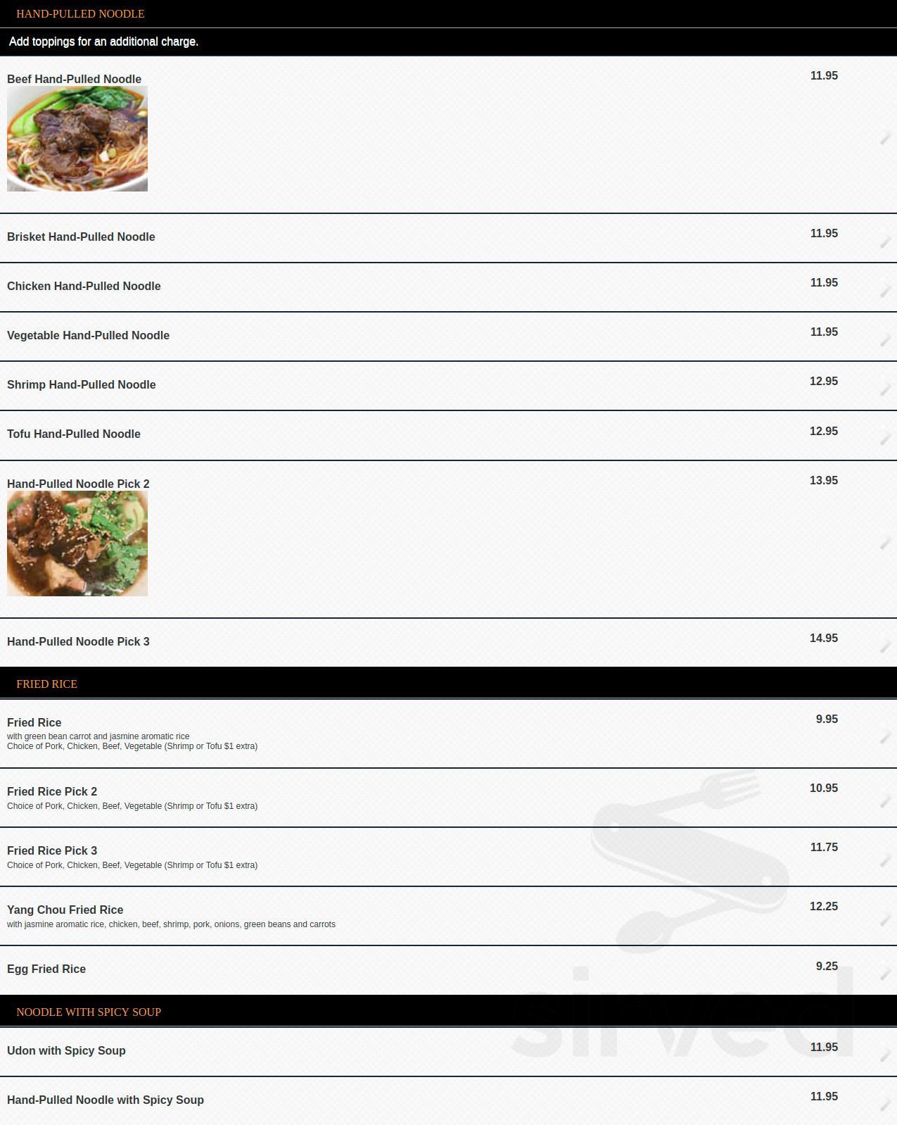 Asian Noodle menu in Madison, Wisconsin, USA