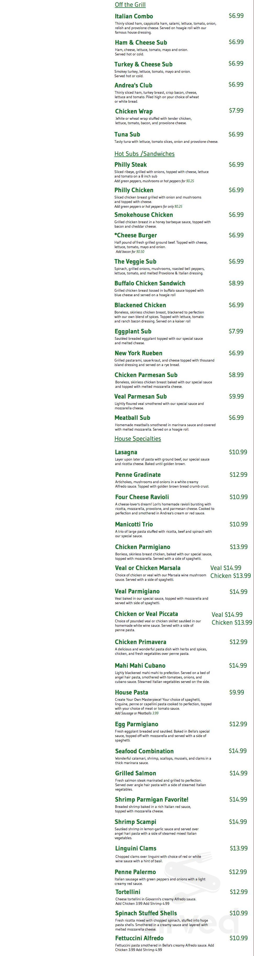 Bella Italia restaurant menu in Bedford, Virginia, USA