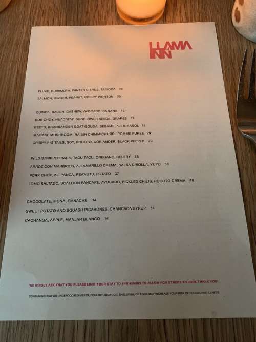Llama Inn menu in Brooklyn, New York, USA