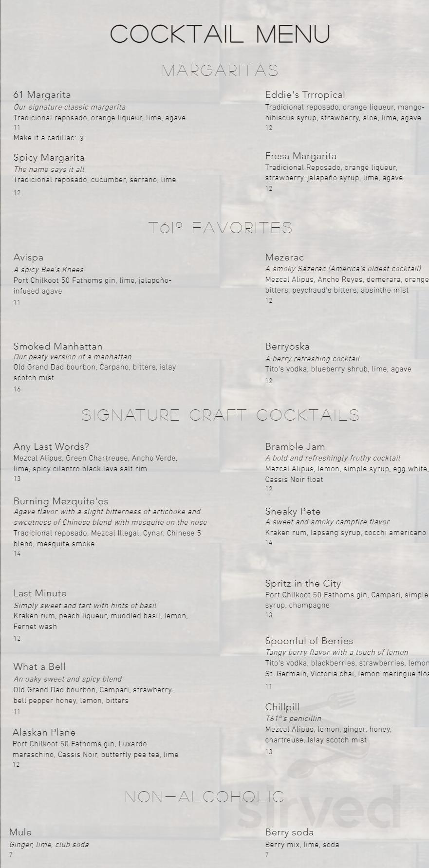 Tequila 61 menu in Anchorage, Alaska, USA