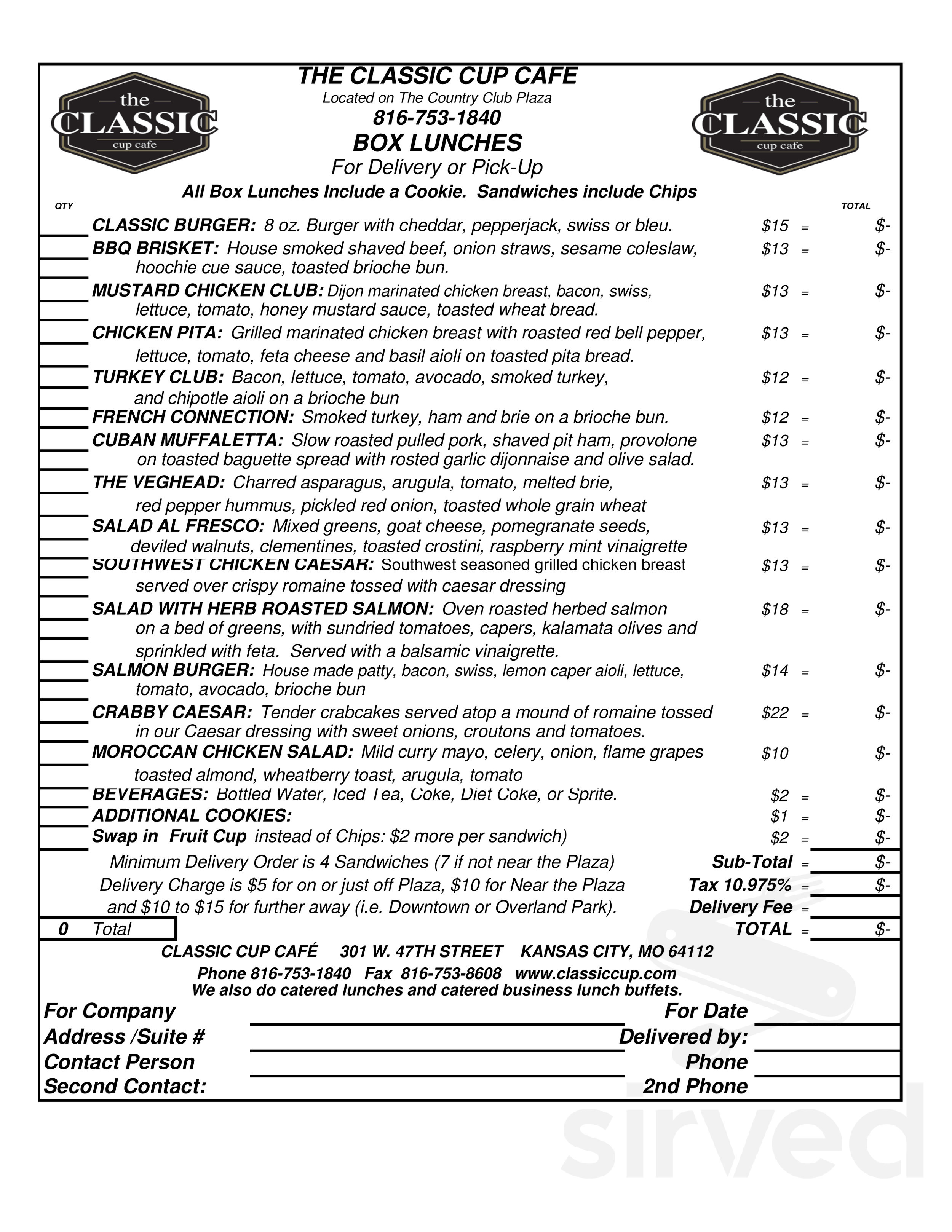 The Classic Cup Cafe menu in Kansas City, Missouri, USA