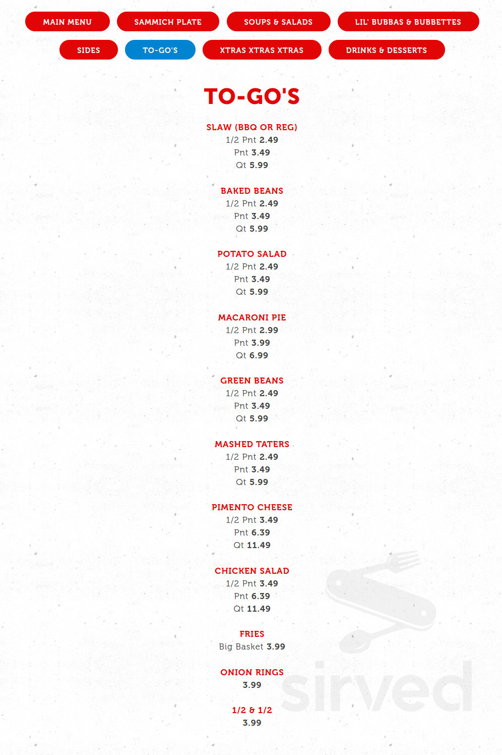 Menu for Bubbas BBQ Bash in Spartanburg, SC | Sirved