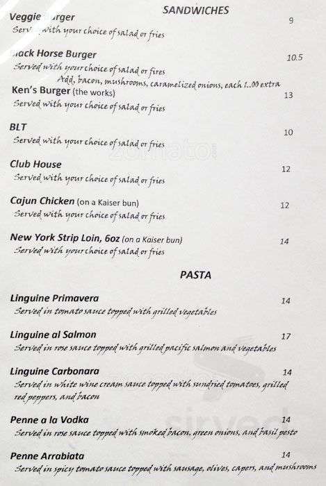 The Black Horse Pub menu in Peterborough, Ontario