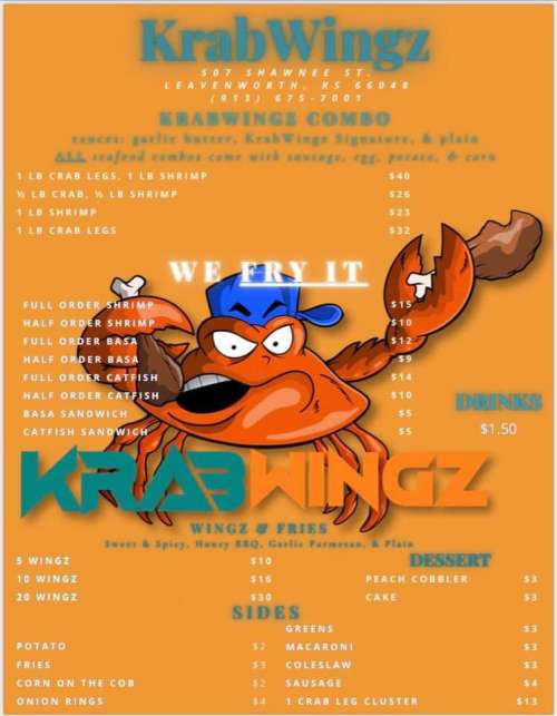 Krabwingz menu in Leavenworth, Kansas, USA