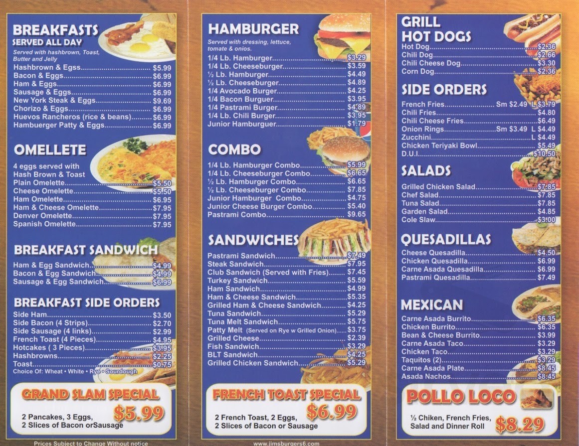 Jim's Burgers menu in El Monte, California