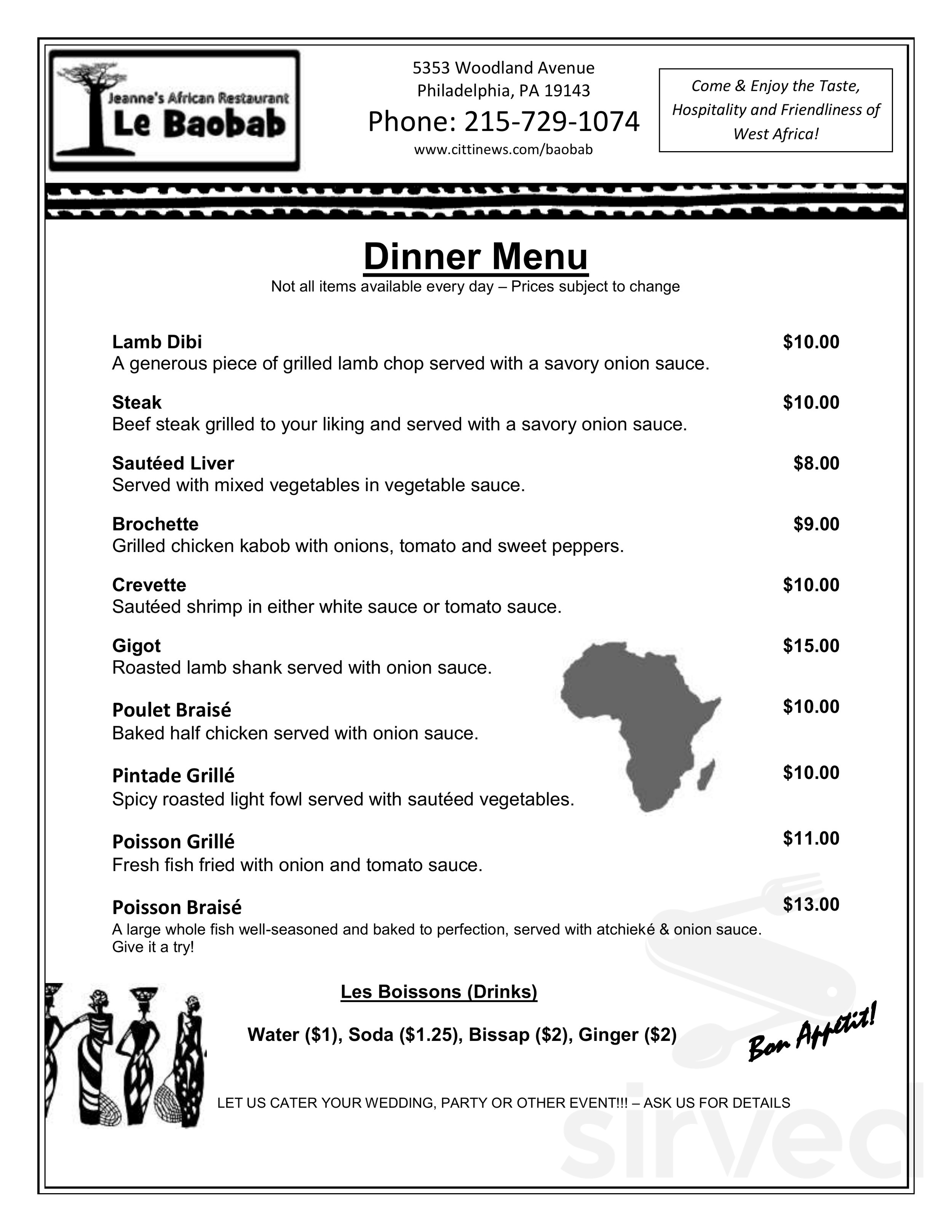 Baobab menu in Philadelphia, Pennsylvania, USA