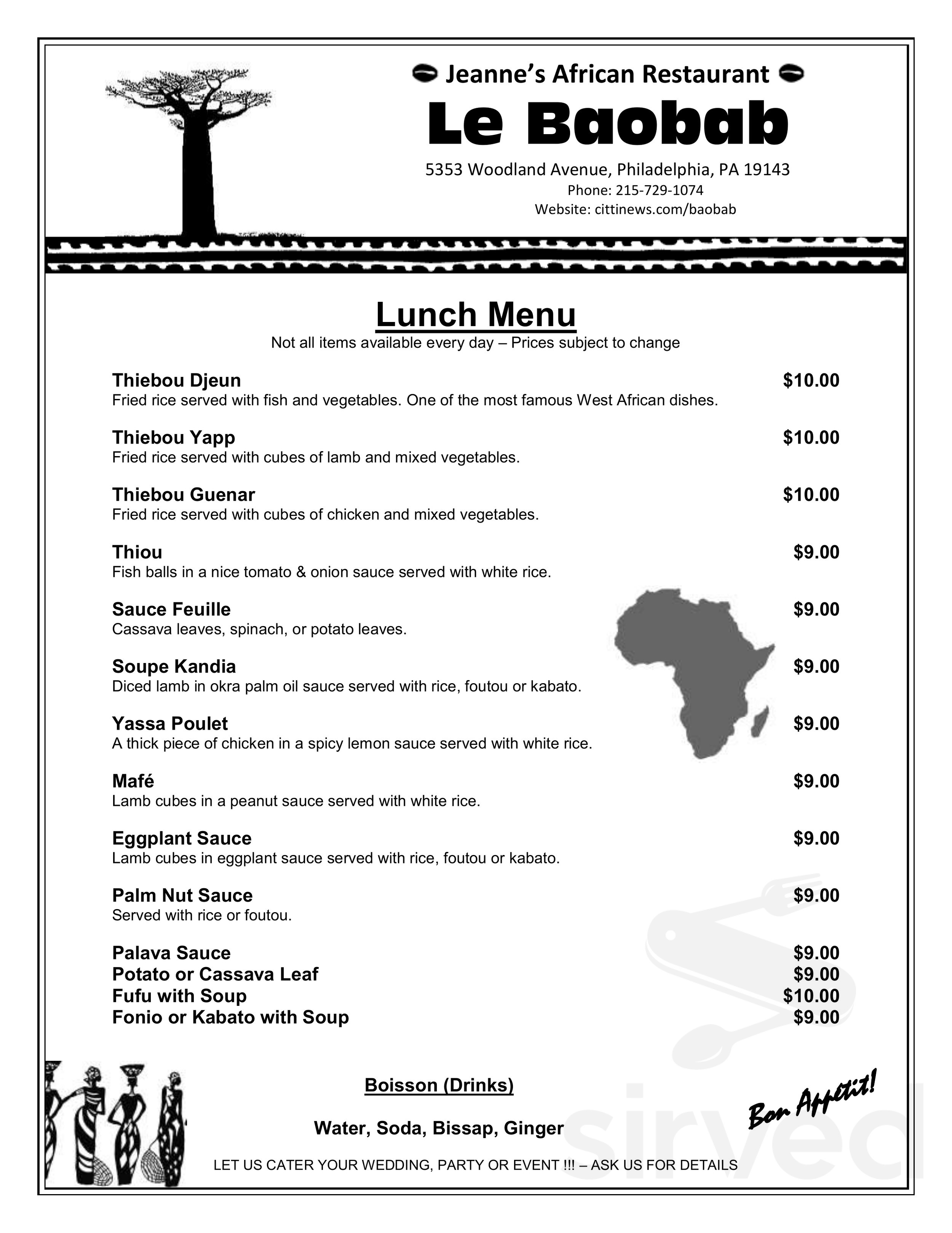 Baobab menu in Philadelphia, Pennsylvania, USA