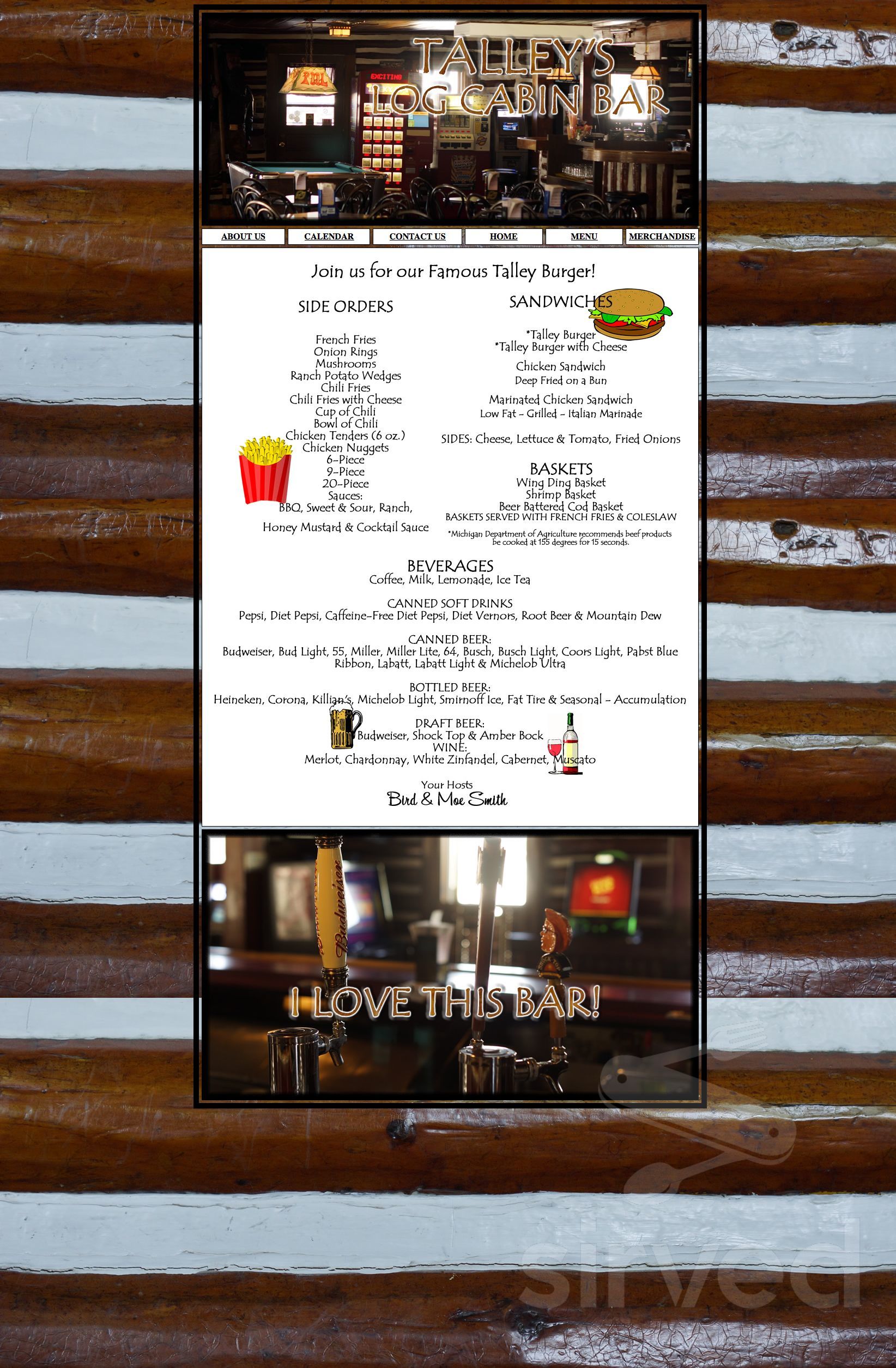 Talley's Log Cabin menu in Lewiston, Michigan, USA