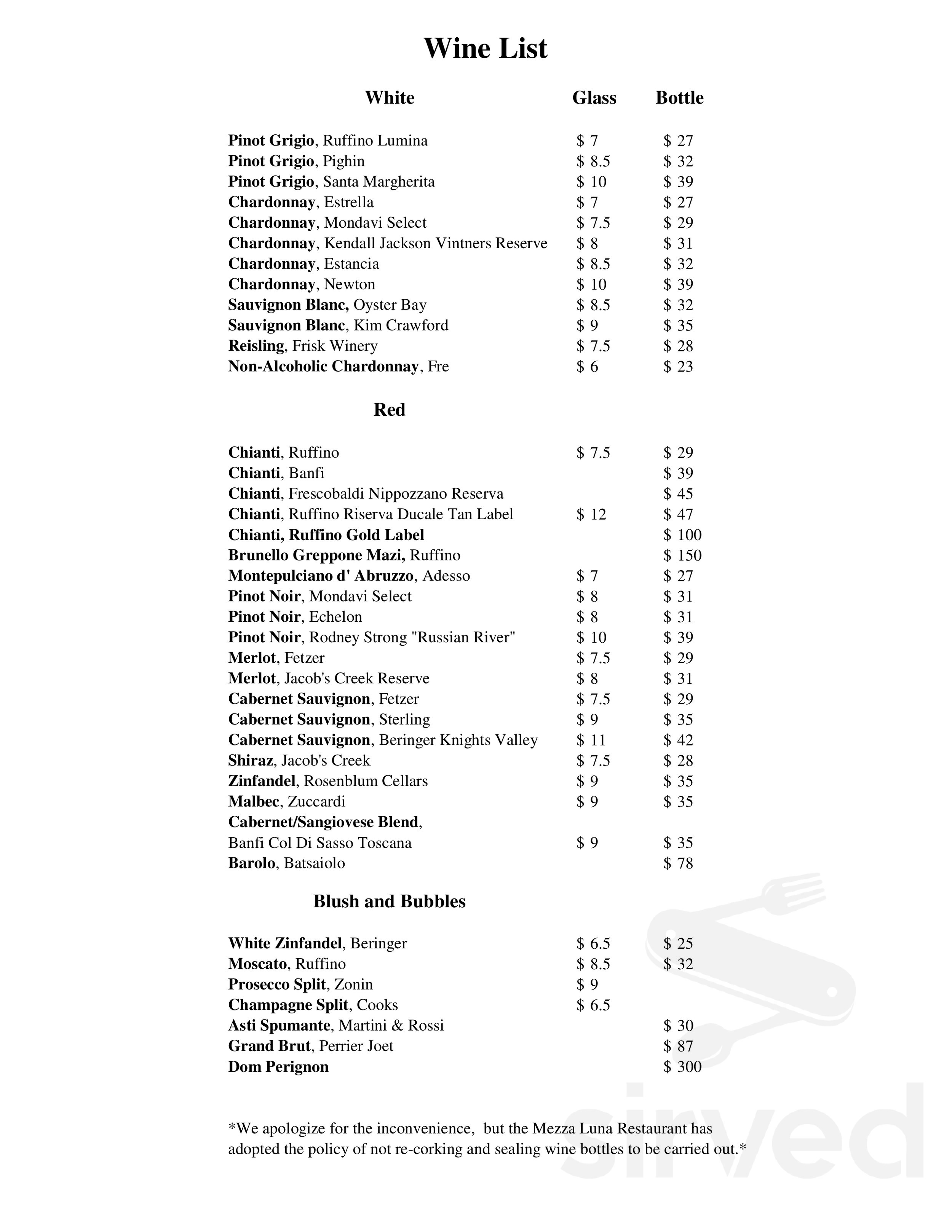 Mezza Luna Restaurant menu in Buzzards Bay, Massachusetts, USA