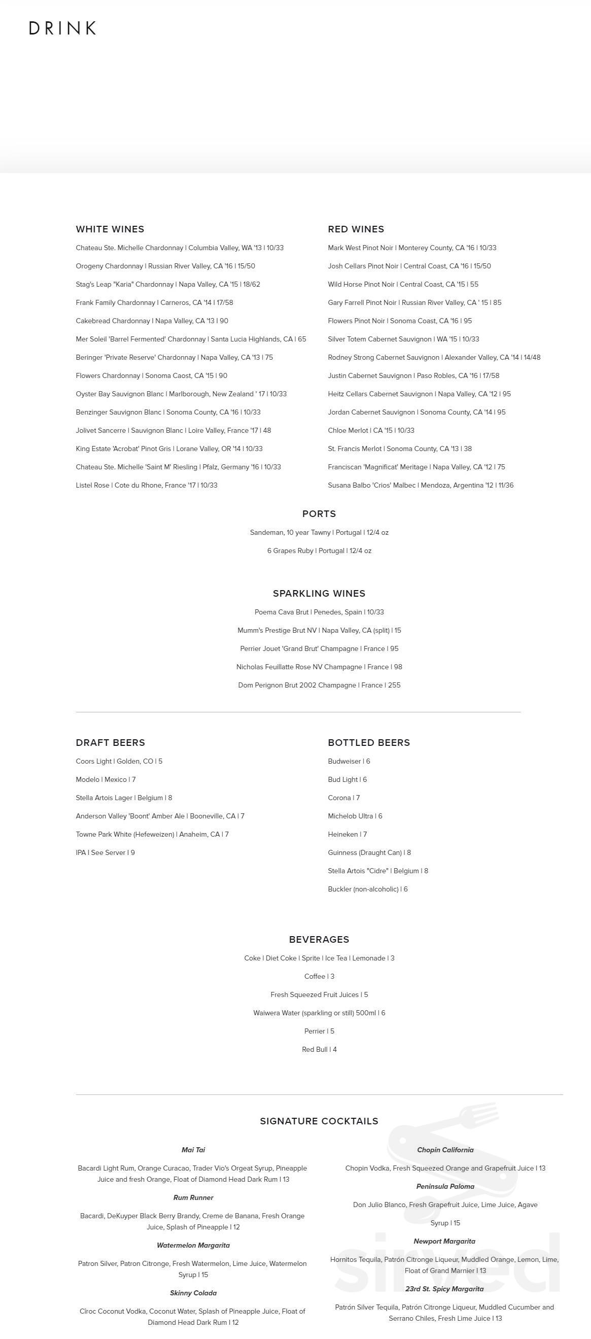 Fly N Fish Oyster Bar and Grill drink menu in Newport Beach, California
