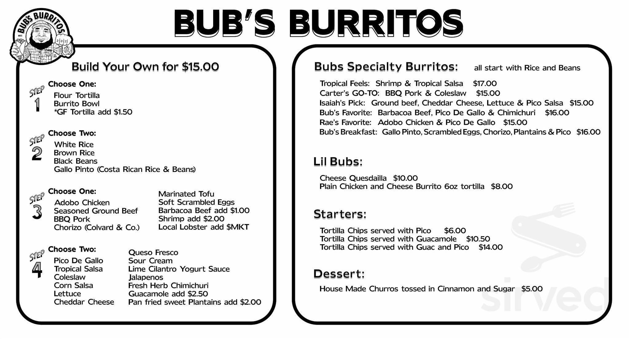 BUB'S BURRITOS menu in Southwest Harbor, Maine, USA