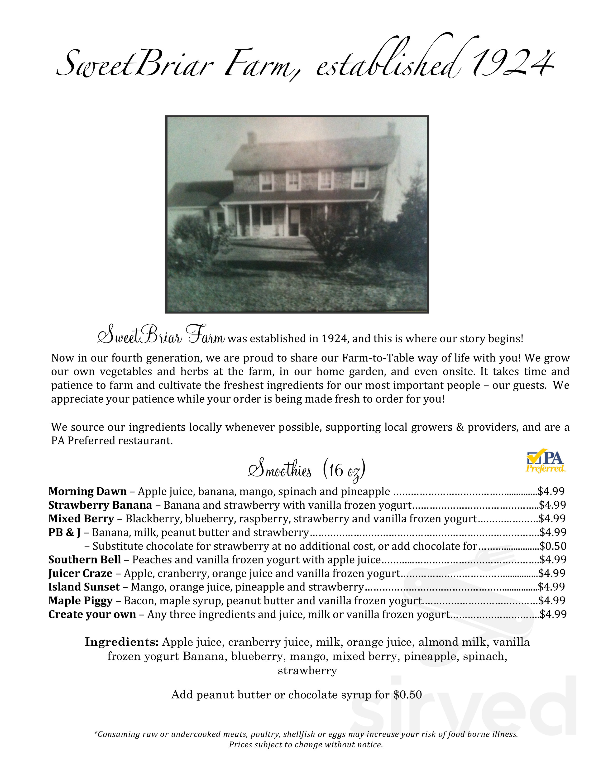 Sweet Briar Cafe and Ice Cream menu in Ambler, Pennsylvania