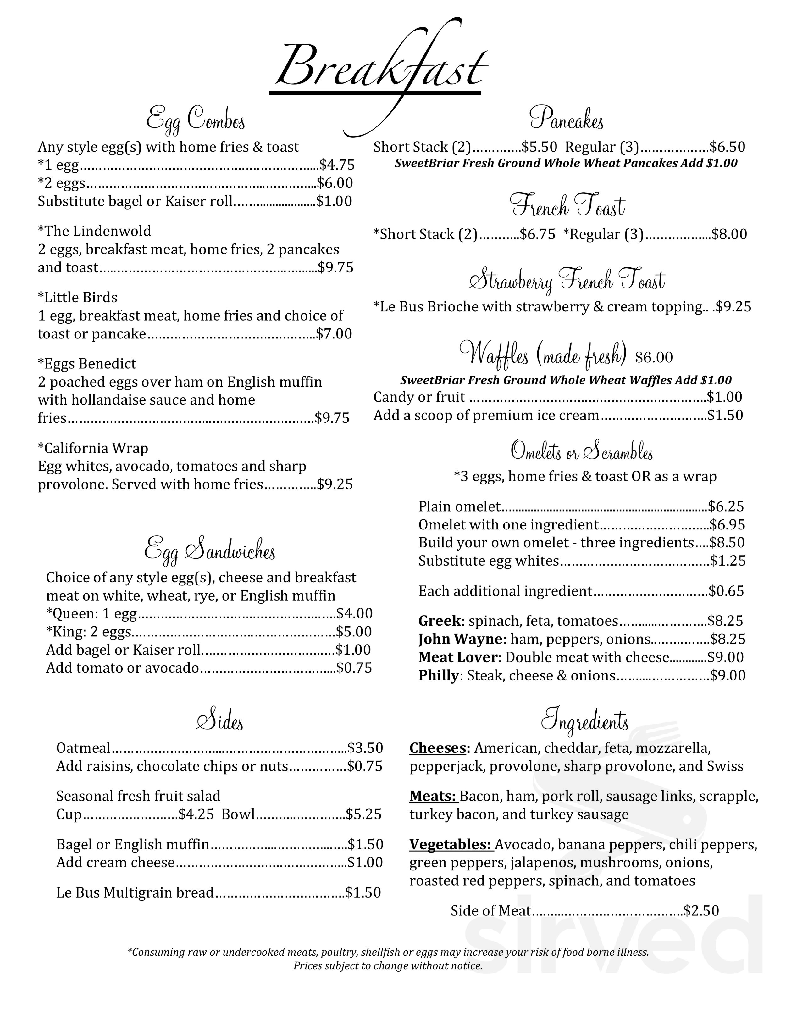 Sweet Briar Cafe and Ice Cream breakfast menu in Ambler, Pennsylvania