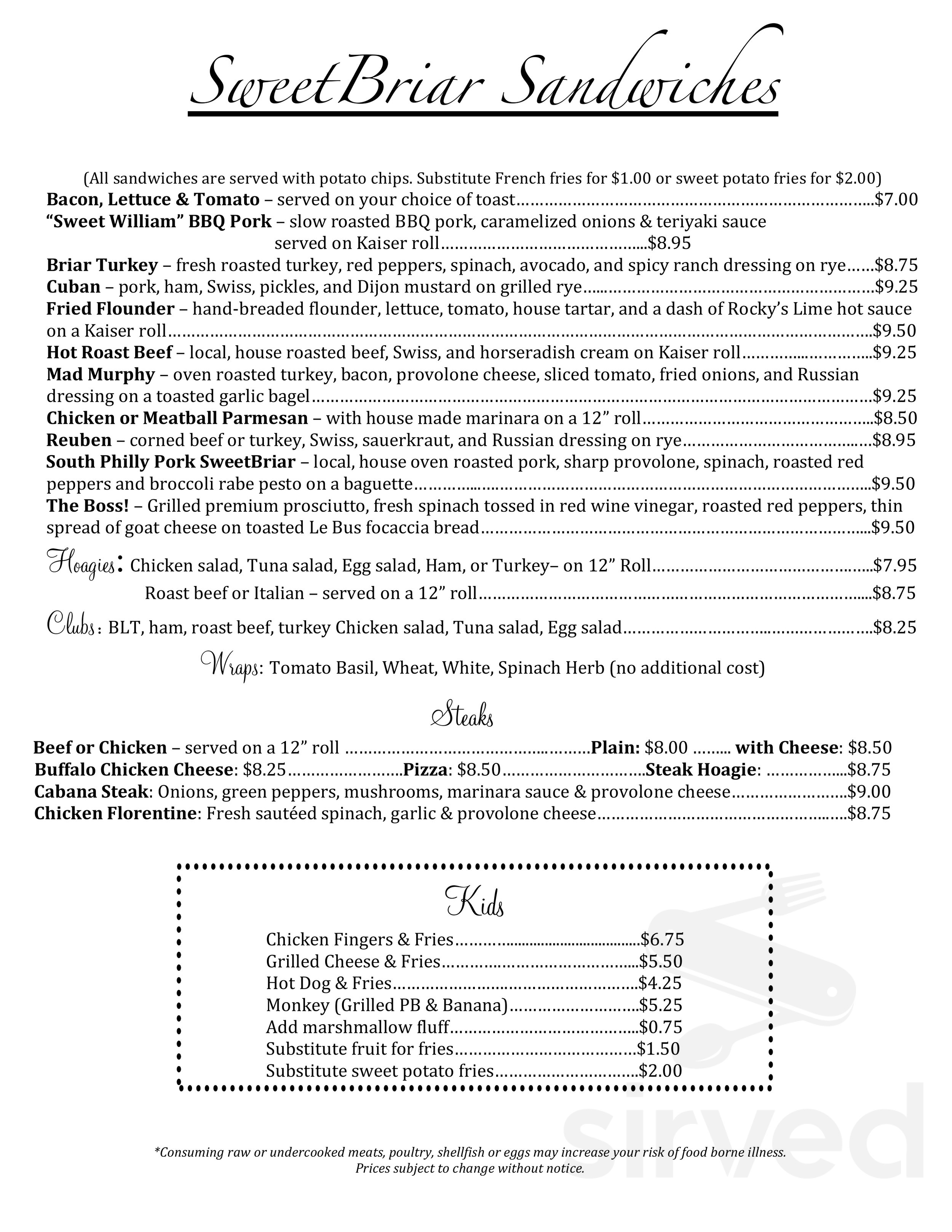 Sweet Briar Cafe and Ice Cream menu in Ambler, Pennsylvania