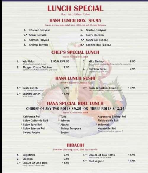 Hana Japanese Steakhouse menu in Chillicothe, Ohio, USA