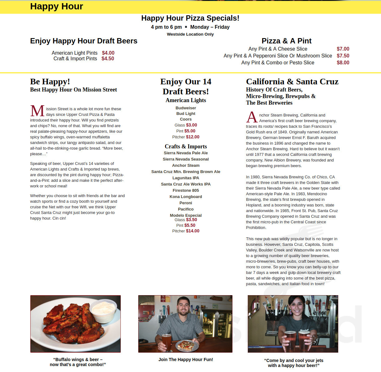 Menu Santa Cruz CA's Upper Crust Pizza & Pasta Sirved