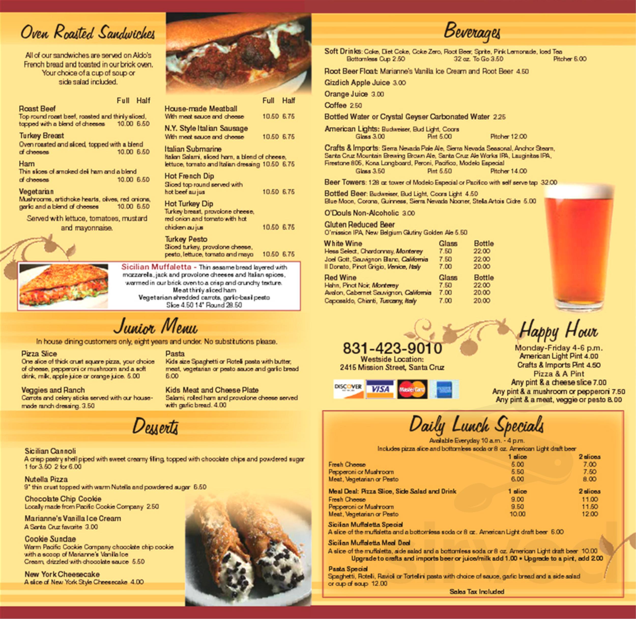 Menu Santa Cruz CA's Upper Crust Pizza & Pasta Sirved