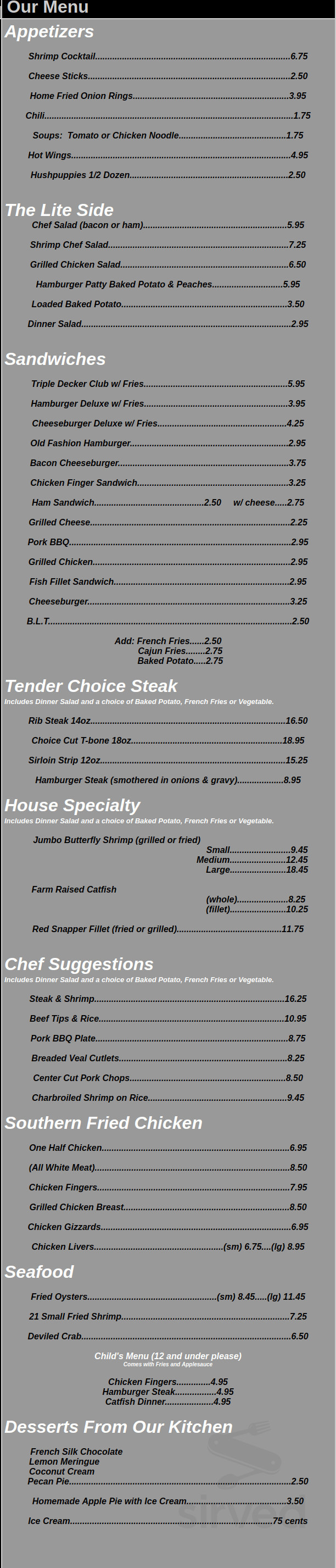 Pell City Steak House Restaurant menu in Pell City, Alabama, USA
