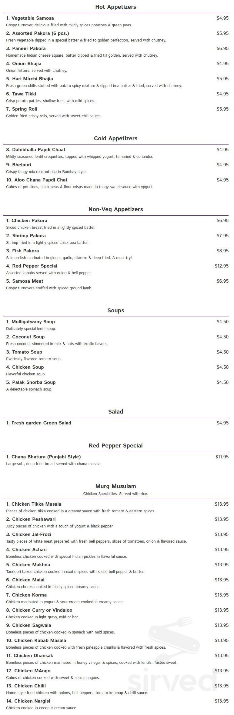 Red Pepper Indian Cuisine menu in Garwood, New Jersey, USA