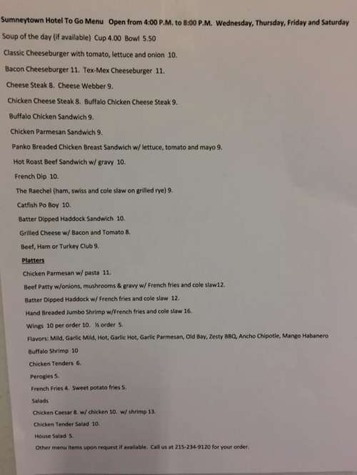 Sumneytown Hotel menu in Green Lane, Pennsylvania, USA