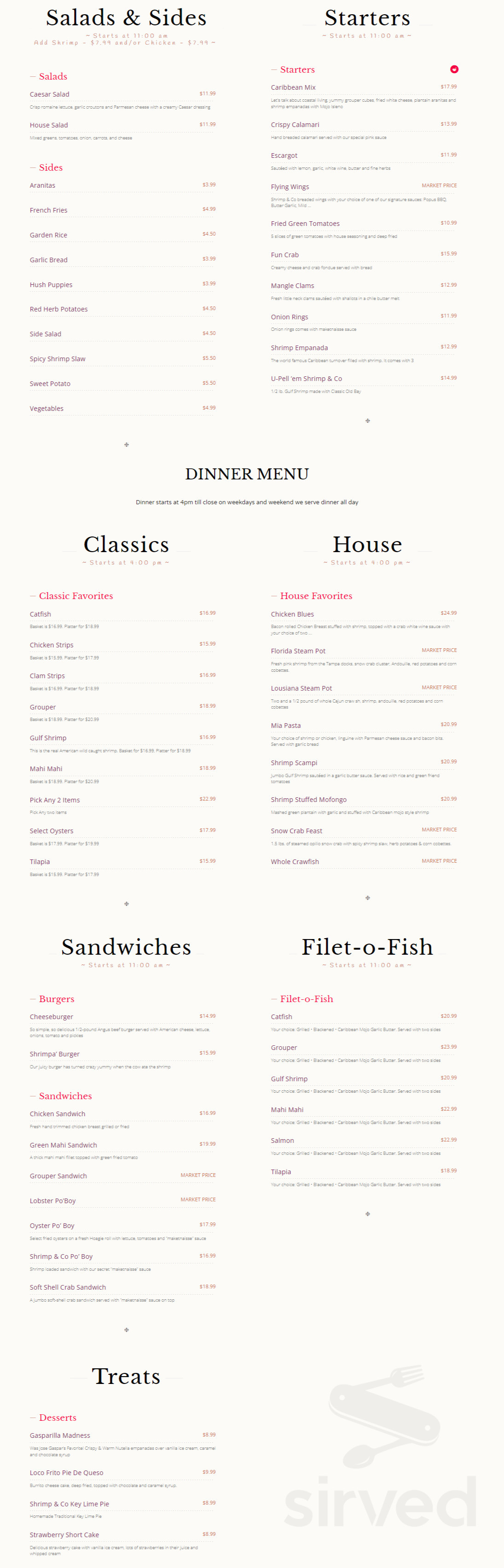 Shrimp & Co. Restaurant menu in Ybor City, Florida, USA
