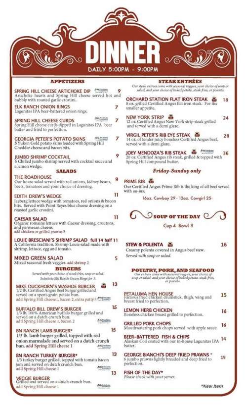 Washoe House menu in Petaluma, California, USA