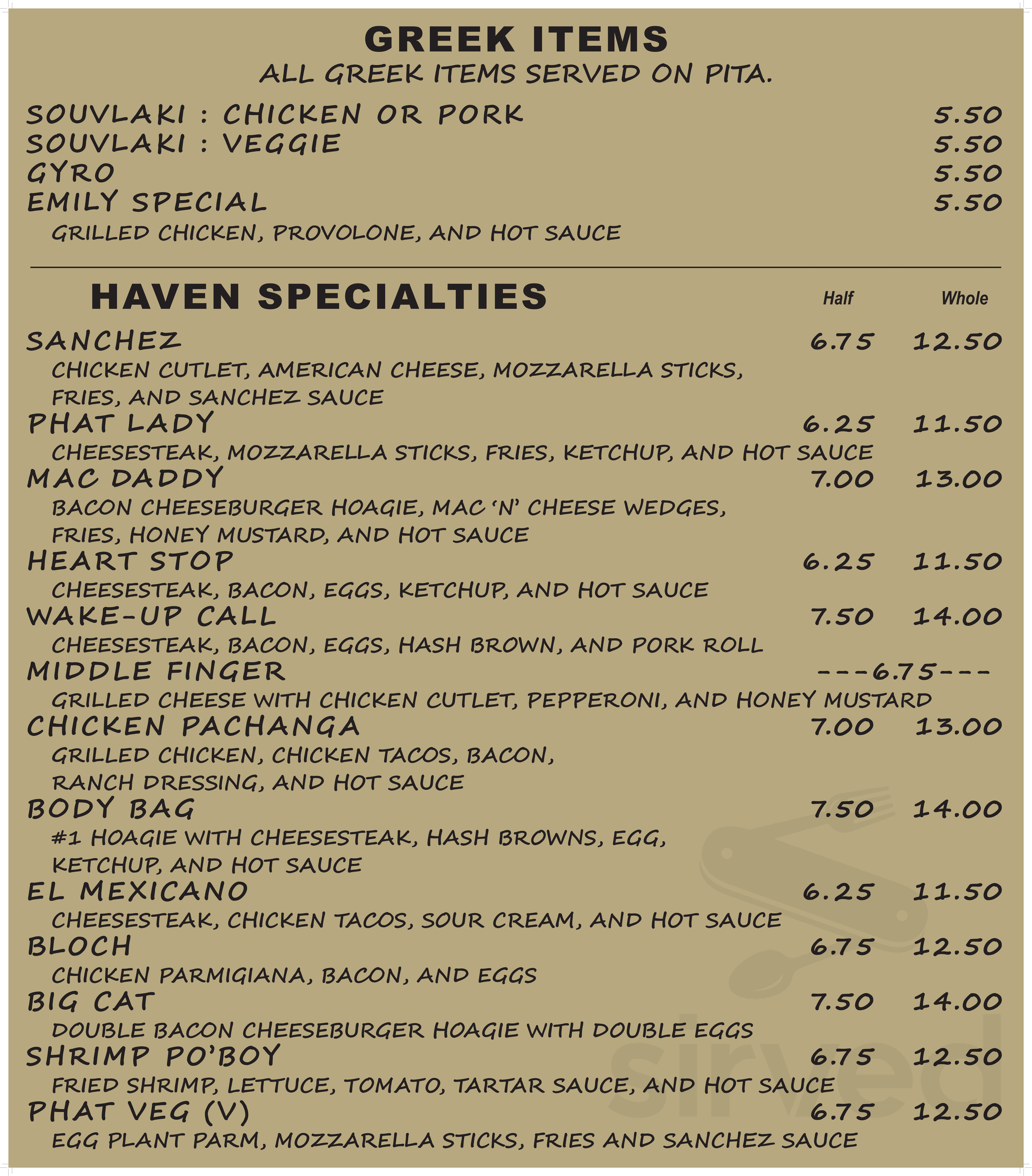 Hoagie Haven menu in Princeton, New Jersey, USA