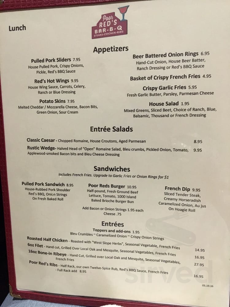 Poor Red Menu Menu - El Dorado CA's Poor Reds BBQ | Sirved