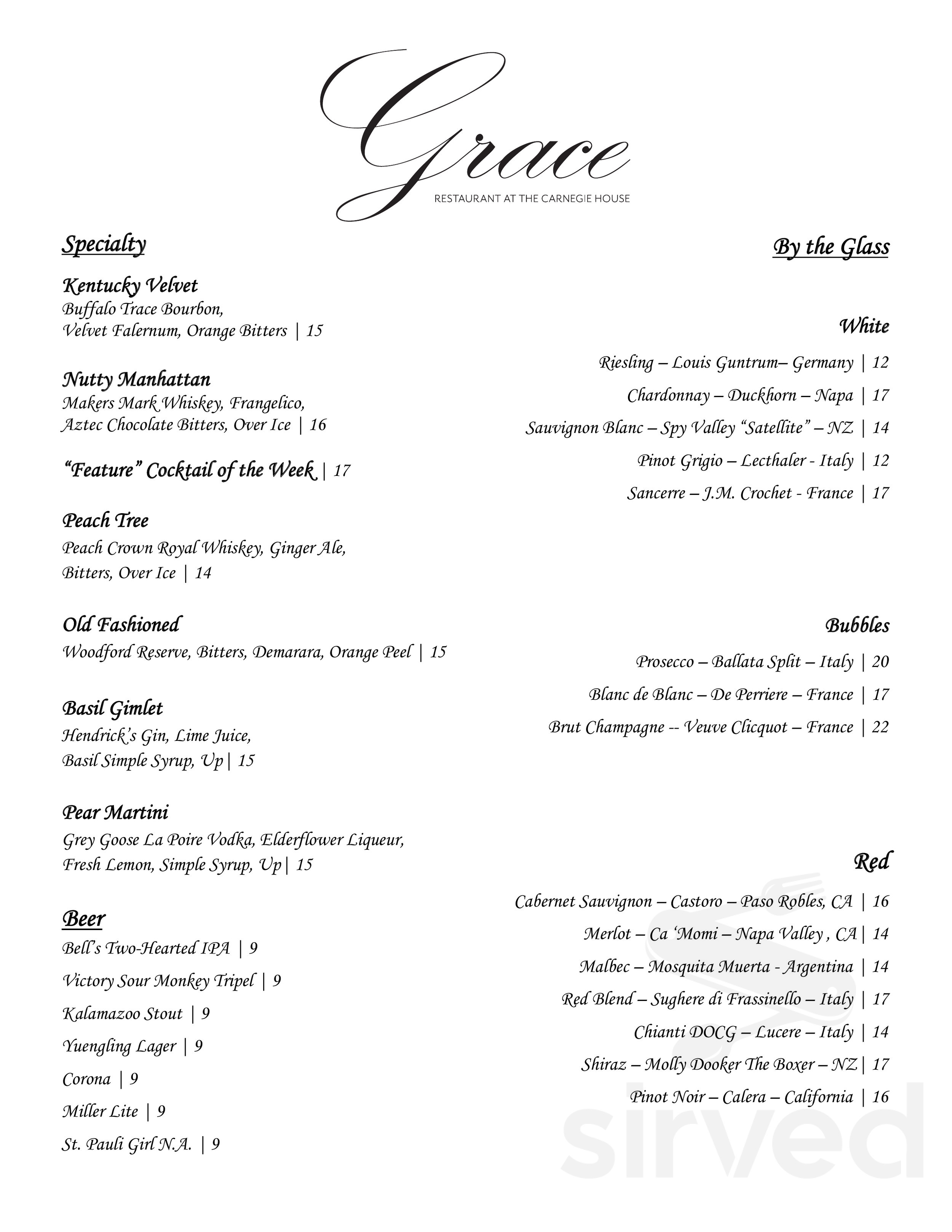 Menu for Grace Restaurant at the Carnegie Inn in State College, PA | Sirved