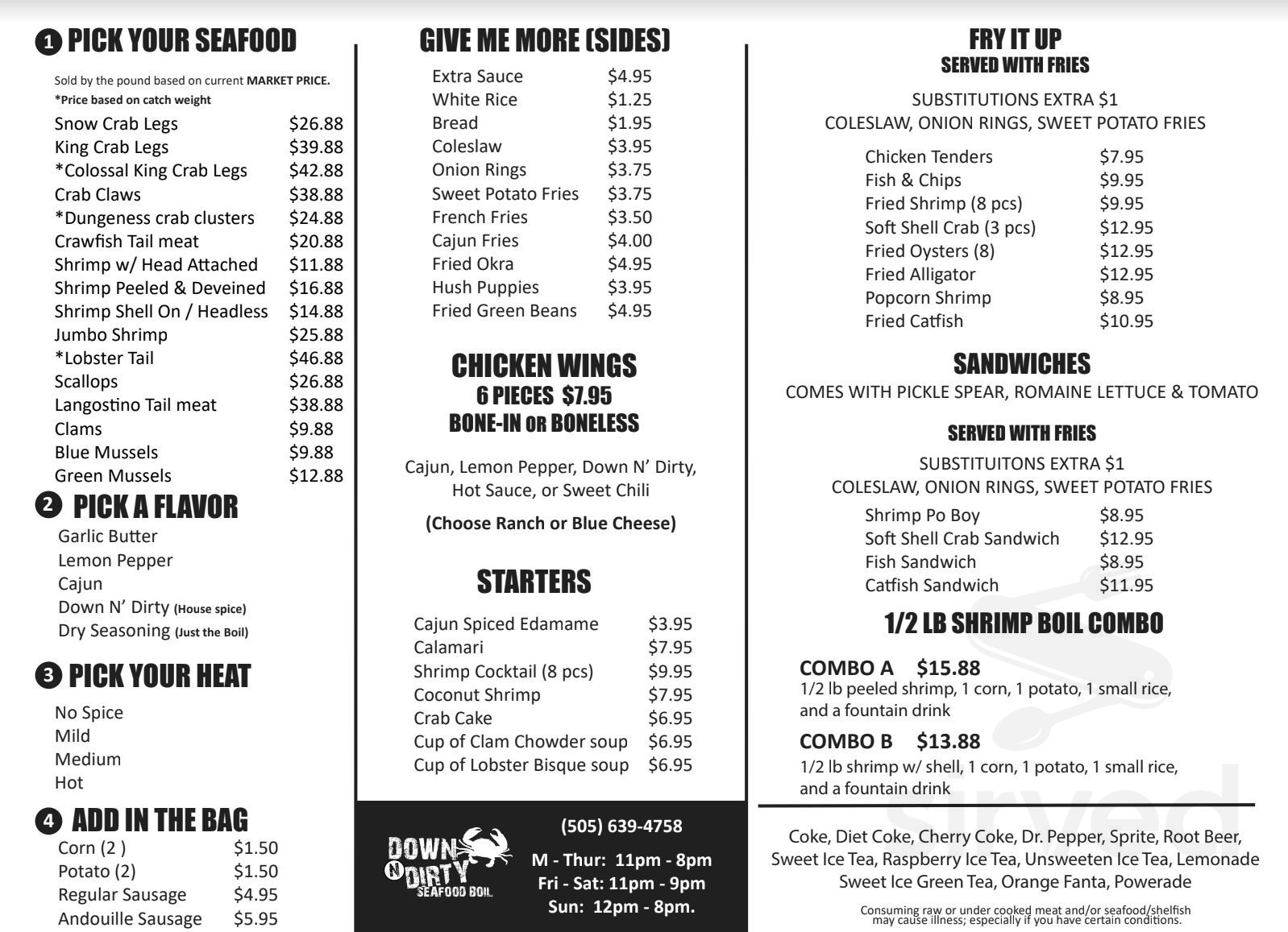 Down N Dirty Seafood Boil menu in Albuquerque, New Mexico, USA