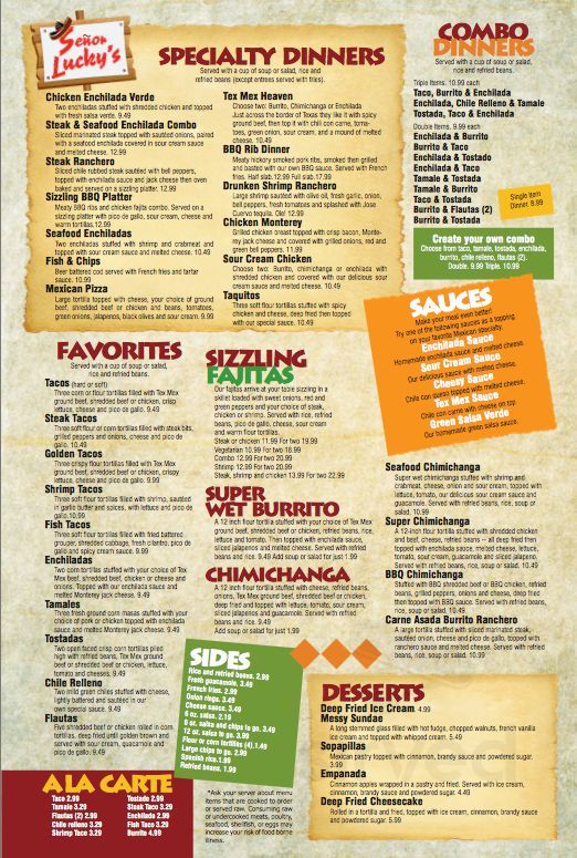 Señor Lucky's menu in Davison, Michigan, USA