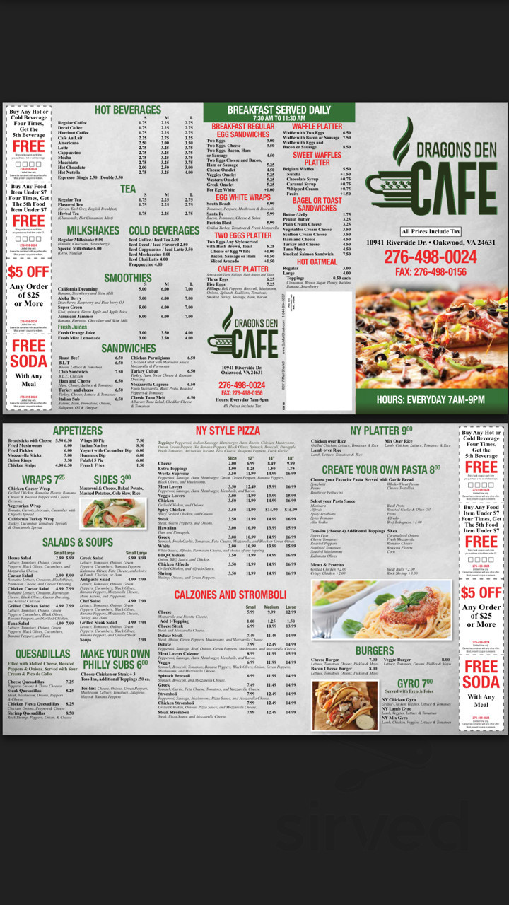 Menu for The Dragon's Den Cafe in Oakwood, VA Sirved