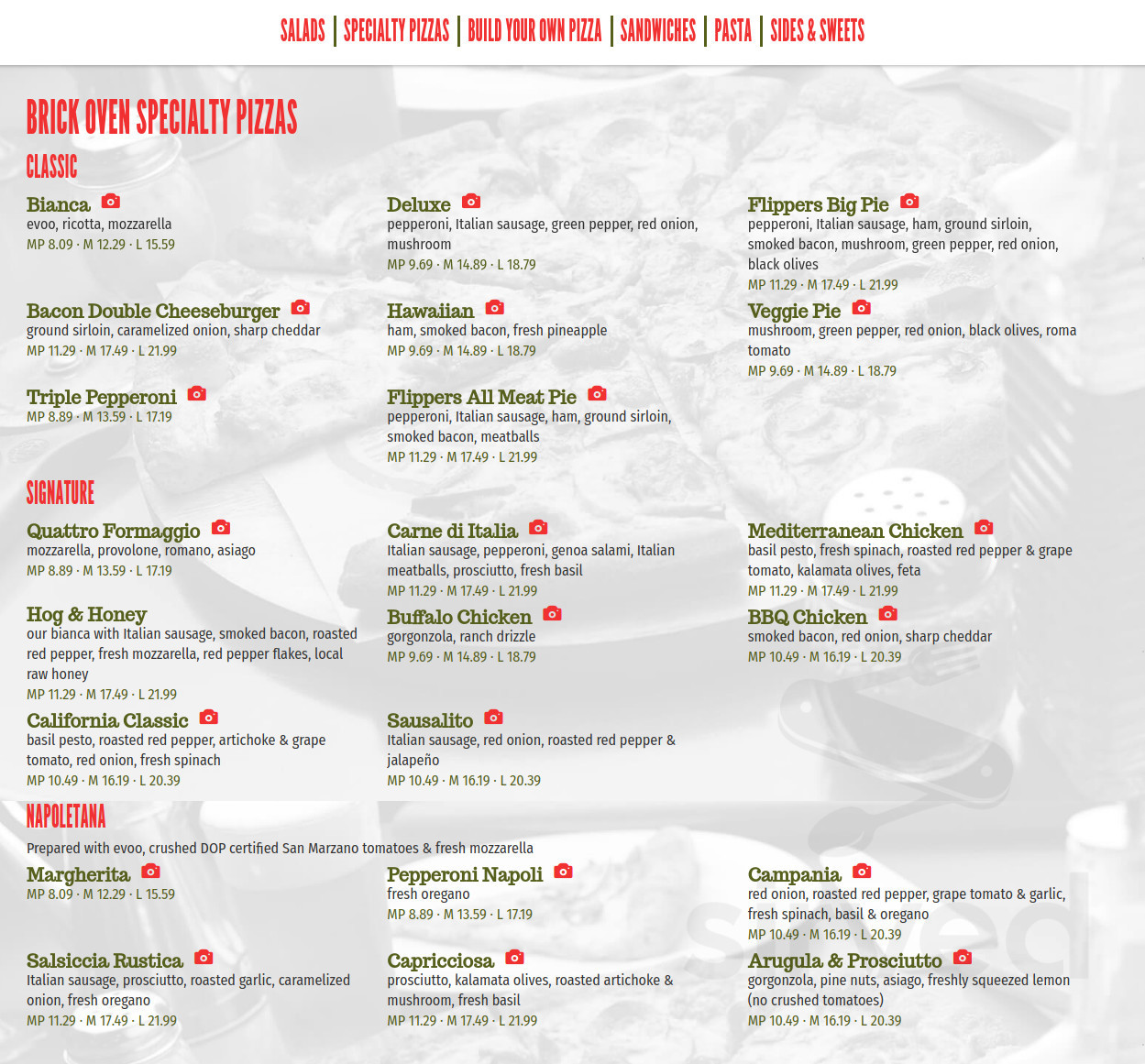Menu - Windermere FL's Flippers Pizzeria | Sirved