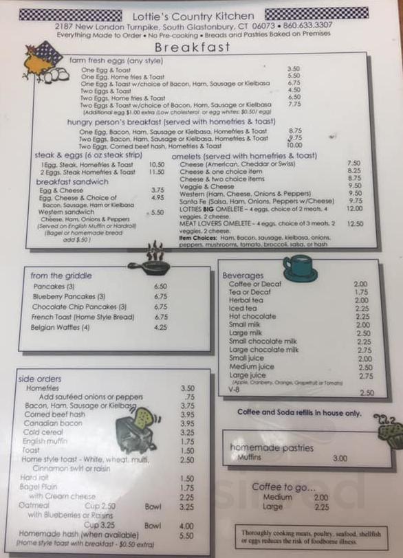 Lottie's Country Kitchen breakfast menu in South Glastonbury, Connecticut