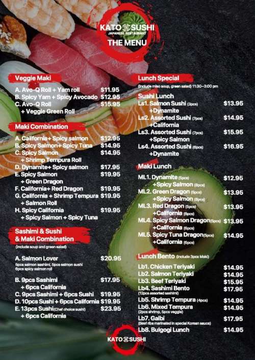 Kato Sushi menu in WhitchurchStouffville, Ontario, Canada