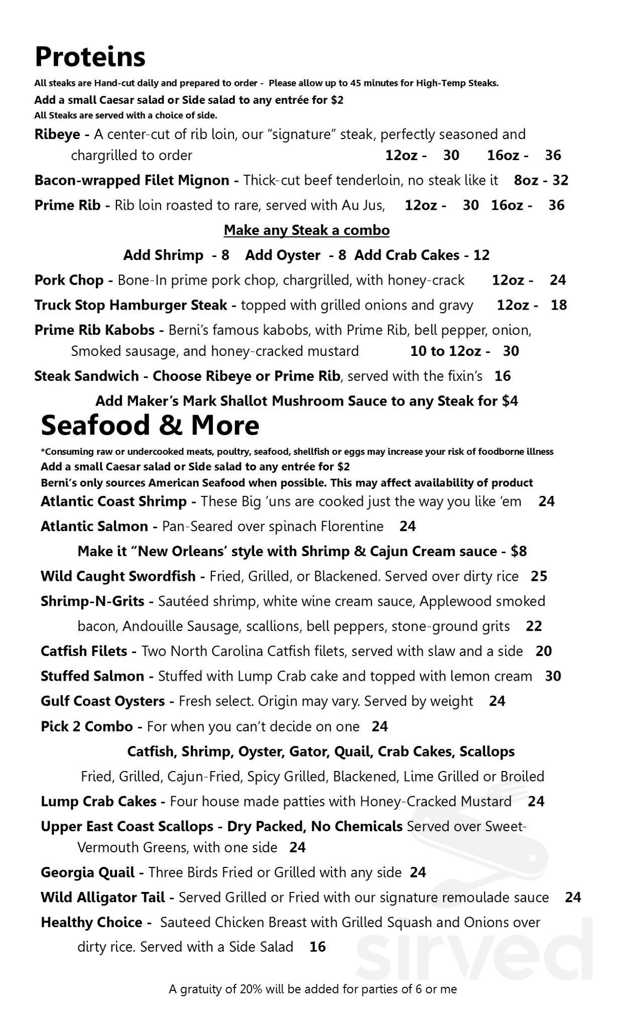 Berni's on West Main menu in Swainsboro, Georgia, USA