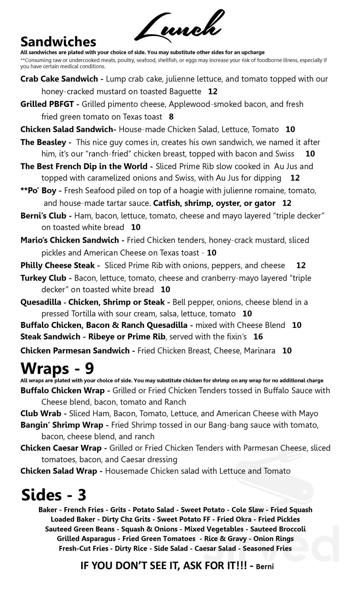 Berni's on West Main menus in Swainsboro, United States